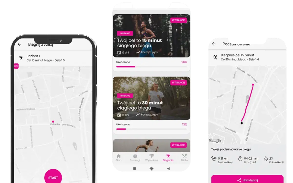 Ekrany modułu biegowego FitAnka na telefonach