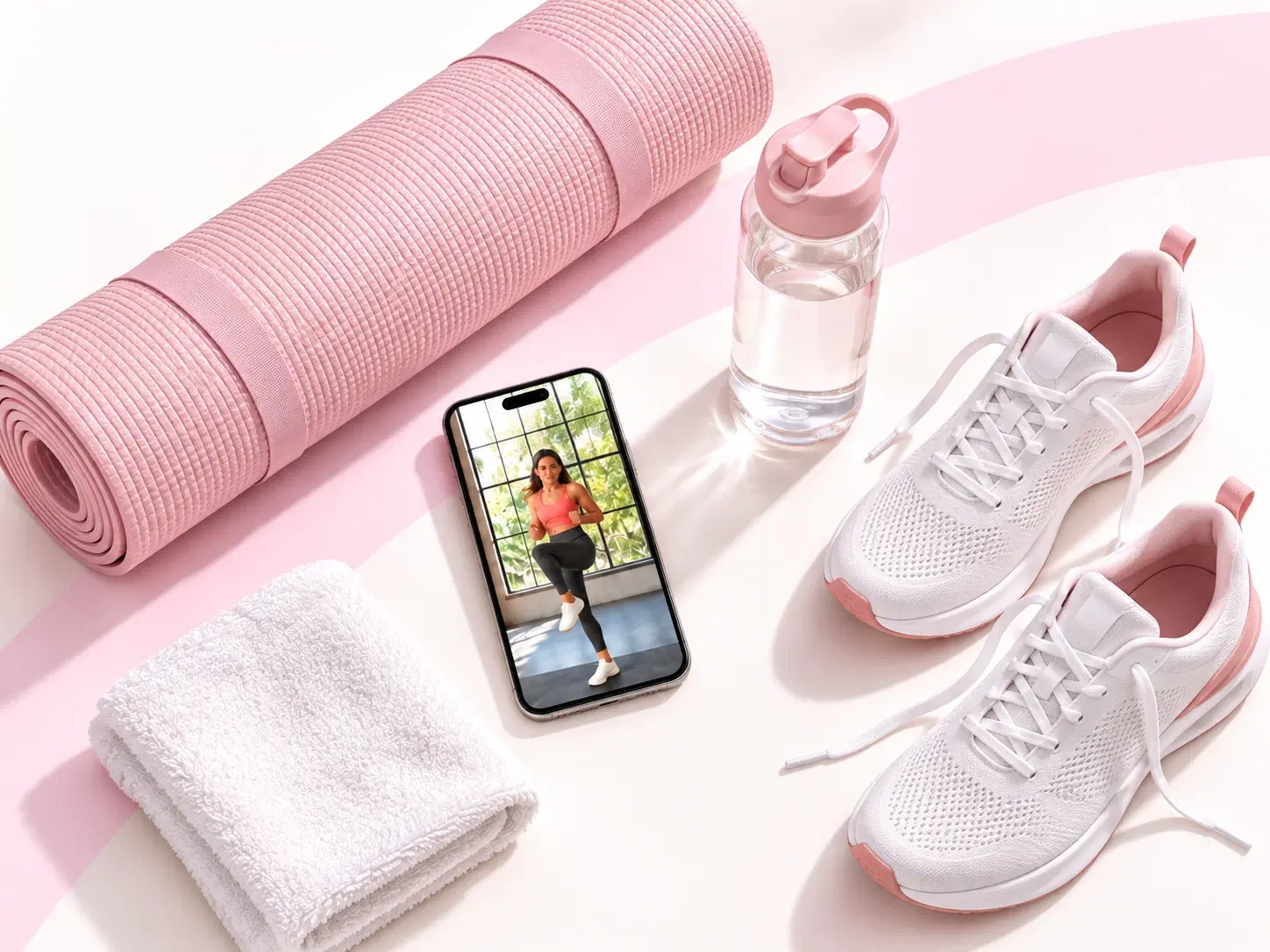 Mata, telefon, buty i woda przygotowane do treningu